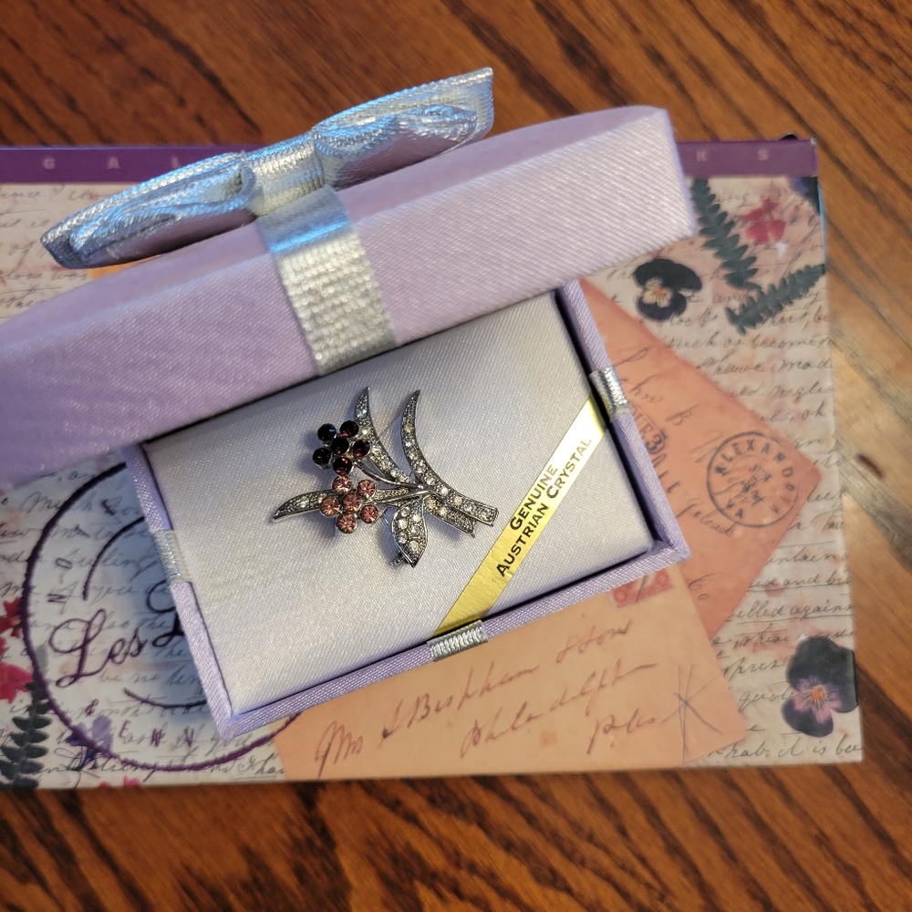 Rembrandt Austrian Crystal Floral Brooch ~ Silver-tone w/Pink & Purple ~ NIB